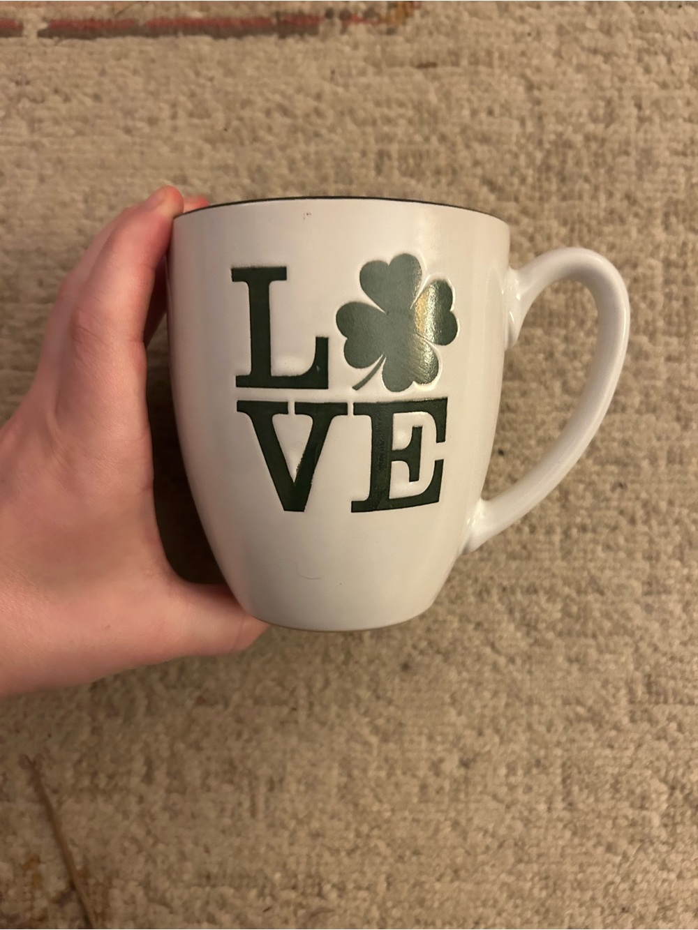 Spectrum Designz White “Love” Mug W/ Green Shamrock Detail
